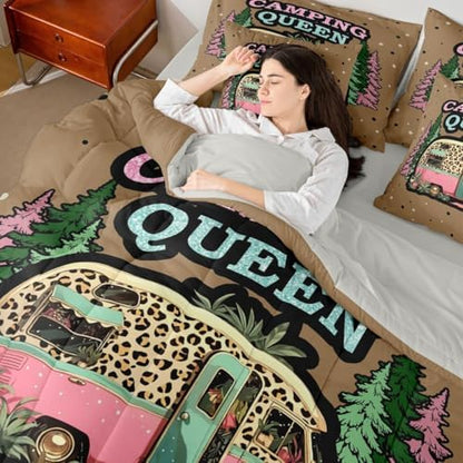 Erosebridal Camper Rv Boys Bed in A Bag Happy Camping Comforter Set with Sheets Vintage Pine Trees 7-Piece Bedding Set Twin Size for Kids Teens Men Bedroom Brown Leopard Print Bed Sets