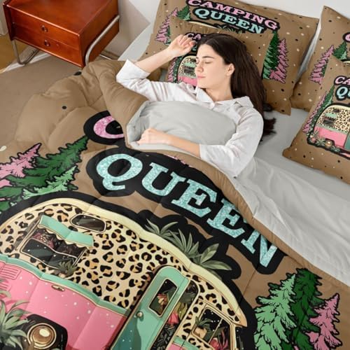 Erosebridal Camper Rv Boys Bed in A Bag Happy Camping Comforter Set with Sheets Vintage Pine Trees 7-Piece Bedding Set Full Size for Kids Teens Men Bedroom Brown Leopard Print Bed Sets