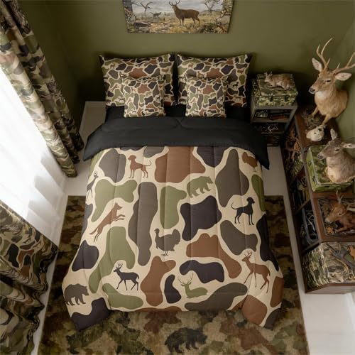 Erosebridal Deer Bear 7 Piece Bedding Set Full Camo Comforter Set with Sheets Hound Turkey Wolf Army Print Bed in a Bag Brown Farmhouse Camouflage for Kids Boys Girls