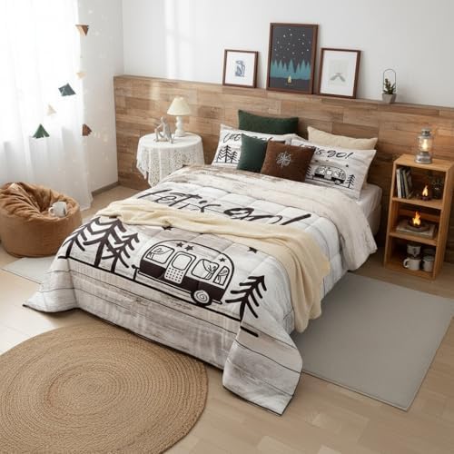 Homewish Camper Theme Full Size Comforter Set Happy Camping Bedding Set for Kids Adults Teens Beige Wooden Comforter Luxury Vintage Wood Farmhouse Quilt Set Room Decor 3Pcs