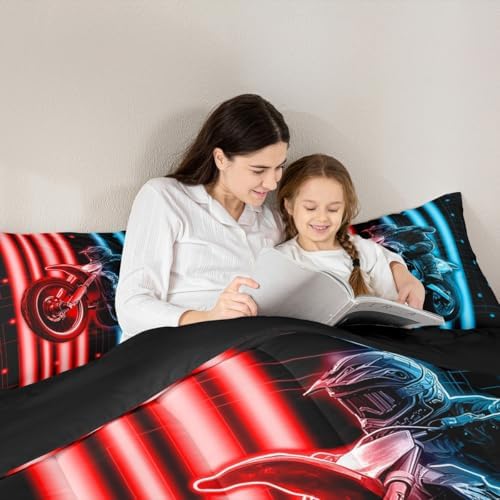 Feelyou Racing Motocross Rider Kids Bedding Set,Boys Girls Queen Size,Dirt Bike Comforter Set,Extreme Sports Ultra Soft Duvet Quilt,3D Pattern Comforter Colorful Modern Bedroom Decor,Blue Red