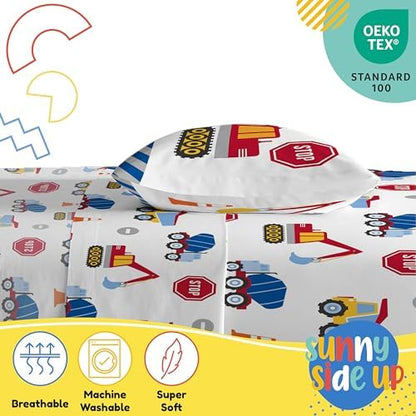 Sunny Side Up Construction Zone Toddler Sheet Set - 3 Piece Toddler Bedding Set Includes Pillow Cover - Super Soft Trucks Microfiber Sheets