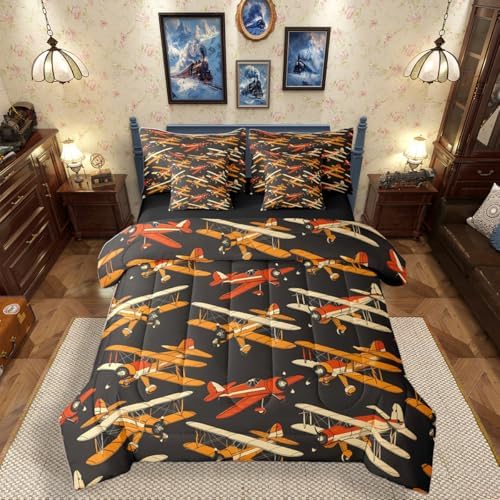 Erosebridal Cartoon Aircraft Comforter Set with Sheets King, Modern Airplane Bed in A Bag, Propeller Plane Black 7 Pcs Bedding Set for Kids Boys Men Bedroom Decor, Aviation Theme Bed Sets