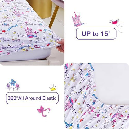 Viviland Twin Bedding Set for Girls 5 Piece Bed in a Bag with Comforter, Sheets, Pillowcases Soft Microfiber Kids Comforter Set, Oeko Certified, Machine Washable, Enchanted Rainbow Castle Fairy Tale