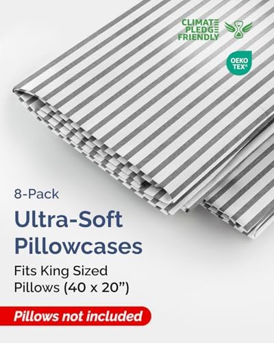 King Pillow Cases Set of 8 - Ultra Soft Pillowcase Covers - Grey Stripes