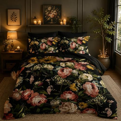 Nttopship Black Floral Comforter Set Twin Colorful Floral Bedding Sets 7PCS,Light Colorful Flower Bedding Set 7 Piece in A Bag,Bed Sheet Set Flower Decor,Microfiber Ultra-Soft Lightweight Microfiber