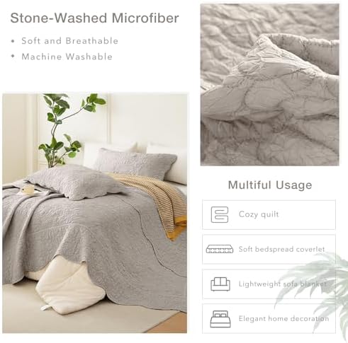 Masaca Oversized King Bedspread 120x120,3Pcs Crinkled Extra Large King Quilt Bedding Set Linen Colored Stone-Washed Farmhouse Lightweight Rustic Scallop Bedspread & Coverlet Sets for All Season