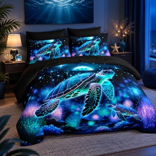 AILONEN Blue Turtle Comforter Set Full Size,7-Piece Soft Bed in a Bag,Fairy Ocean Sea Turtle Comforter & Fitted Sheet with Flat Sheet & 2 Pillowcases,2 Pillow Shams for Bedroom