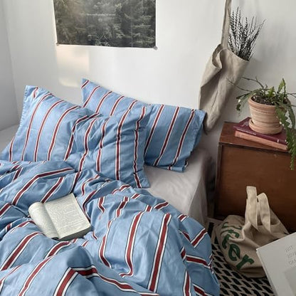 mixinni Vintage Striped Blue Duvet Cover King - 100% Cotton Red Stripes 3-Piece Bedding Duvet Cover Set with Zipper Closure, Soft & Breathable Retro Design for All Seasons (King Size)