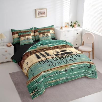 Erosebridal Camper Decor 7 Piece Full Bed Set - Includes Comforter & Sheet Set Happy Camping Bedding - Rustic Farmhouse Vintage Wooden Door Bedding Comforter Sets for Kids Teens Adult, Green Brown