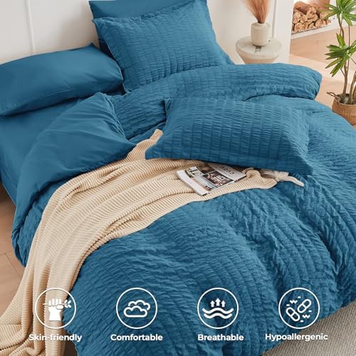 HYMOKEGE Teal Oversized King Comforter Set Seersucker 7 Pieces, All Season Luxury Bed in a Bag for Bedroom, Bedding Set with Comforter, Sheets, Pillowcases & Shams