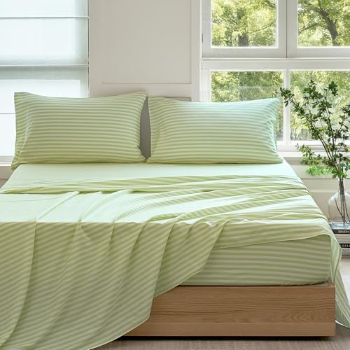 JELLYMONI 100% Cotton Sheet Set, Sage Green Striped, King