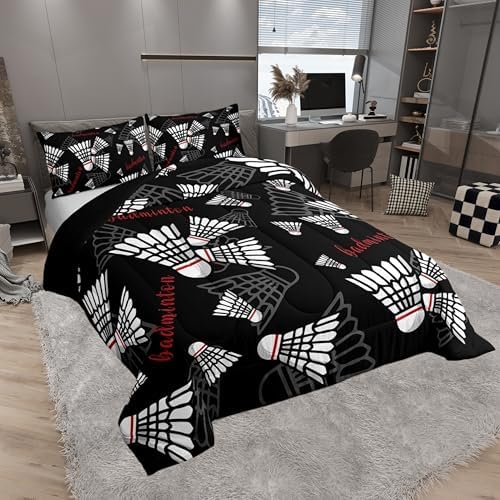 Castle Fairy Badminton Full Size Comforter Set,Badminton Sports Bedding Set for Adults Teens,Children Ball Games Comforter Luxury Black White Red Quilt Set Room Decor 3Pcs