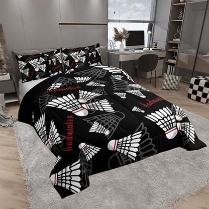 Castle Fairy Badminton Full Size Comforter Set,Badminton Sports Bedding Set for Adults Teens,Children Ball Games Comforter Luxury Black White Red Quilt Set Room Decor 3Pcs