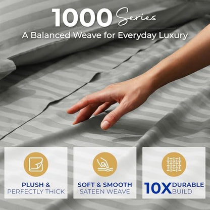 THREAD SPREAD Egyptian Cotton Sheets Queen Size - 1000 Series High Thread Count Cotton Queen Sheet Set (4 PC, Silver - Stripe), 16" Snug Fit Deep Pocket, Cooling, Sateen, Soft Hotel Luxury Sheets