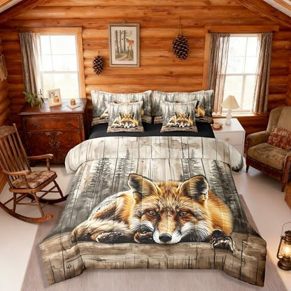 Erosebridal Fox Hunting Bed in A Bag 7 Pcs Jungle Wildlife Comforter Set for Women Men Natural Woodland Animals Bedding Sets King Rustic Country Pine Trees Sheet Set with Comforter