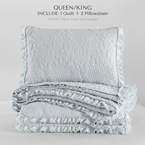 Light Blue Ruffled Quilt Queen Size, Stone-Washed Microfiber Lightweight Crinkled Farmhouse Rustic Shabby Chic Bedding Set, 3 Pieces Reversible Bedspread Coverlet with Pillow Shams for All Season