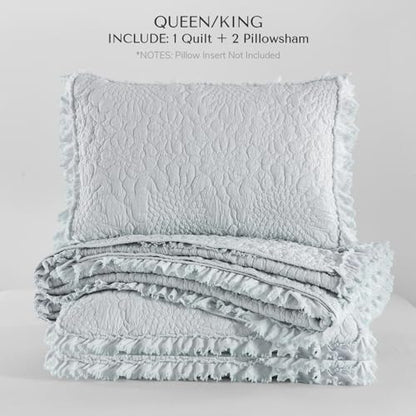 Light Blue Ruffled Quilt Queen Size, Stone-Washed Microfiber Lightweight Crinkled Farmhouse Rustic Shabby Chic Bedding Set, 3 Pieces Reversible Bedspread Coverlet with Pillow Shams for All Season