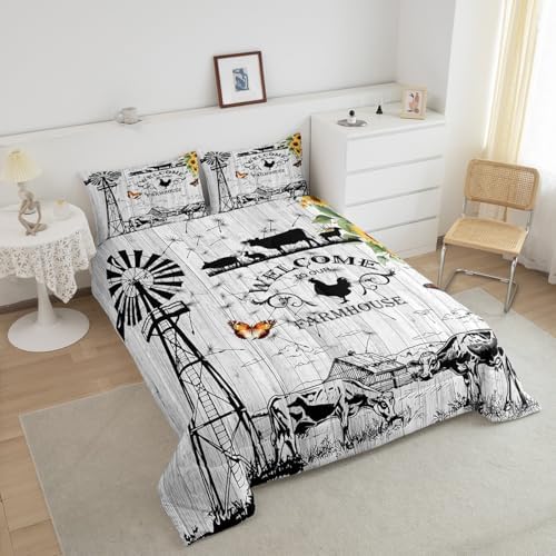Erosebridal Windmill Bedding King Size, Rustic Farmhouse Comforter Set Retro Vintage Windmill Bedding Comforter Sets, Wooden Planks Barn Door Down Comforter with 2 Pillowcases for All Season