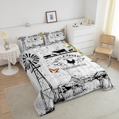 Erosebridal Windmill Bedding King Size, Rustic Farmhouse Comforter Set Retro Vintage Windmill Bedding Comforter Sets, Wooden Planks Barn Door Down Comforter with 2 Pillowcases for All Season