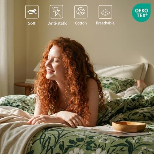 Floral Comforter Queen Size - 100% Cotton Green Comforter Set 3pcs, Leaf Print Soft Hypoallergenic Bedding Set