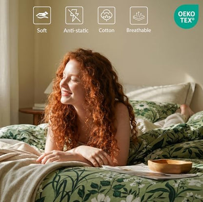 Floral Comforter King Size - 100% Cotton Green Comforter Set 3pcs, Leaf Print Soft Hypoallergenic Bedding Set