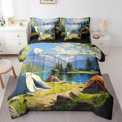 Erosebridal Happy Camping Bed in A Bag with Sheets Queen Camper Accessories 7 Piece Comforter Set Watercolor Cartoon Tents Bedding Set,Campe Woodland Adventure Bedding Comforter Sets
