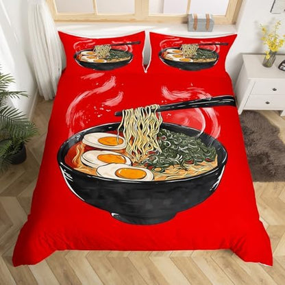 Feelyou Kids Japanese Ramen Duvet Cover Queen Size Japan Traditional Style Food Bedding Set Boys Girls Japanese Style Comforter Cover Set Food Theme Pattern Bedspread Cover（No Comforter