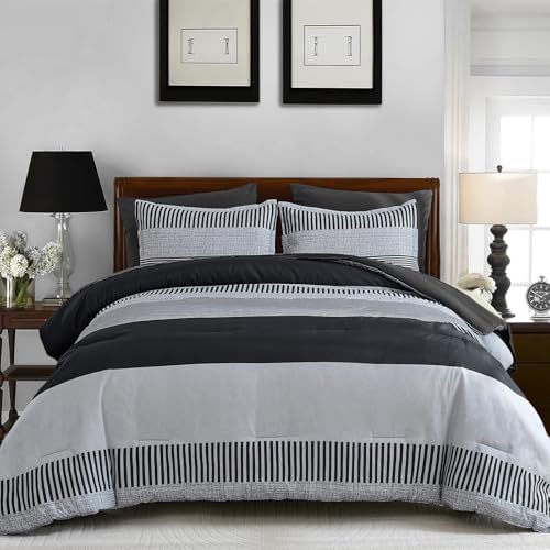 Kids Comforter Sets for Boys&Girls,Dark Gray Striped Comforter Full Size