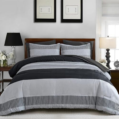 Kids Comforter Sets for Boys&Girls,Dark Gray Striped Comforter Full Size