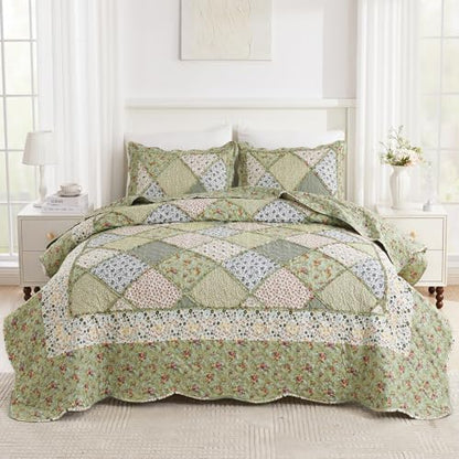 Oversized King Quilt Set Green Floral Patchwork Alaska King Bedspreads Set