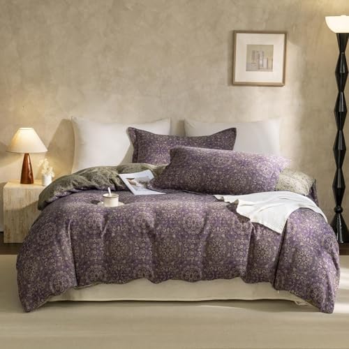Purple Green Floral Duvet Cover Twin XL Premium Yarn-Dyed Linen Cotton Comforter Cover Boho Jacquard Design Bedding Set Botanical Floral Vintage Duvet Cover Reversible Green Flower Bedding Set Twin XL