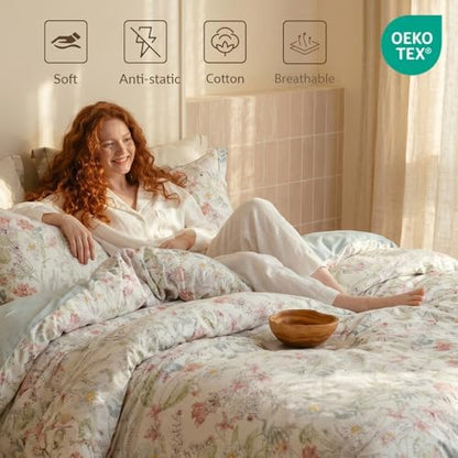 Comforter Queen Size - 100% Cotton Floral Reversible Comforter Set, Soft and Breathable Bedding Set for All Season, 3 Pieces, 90"x90"