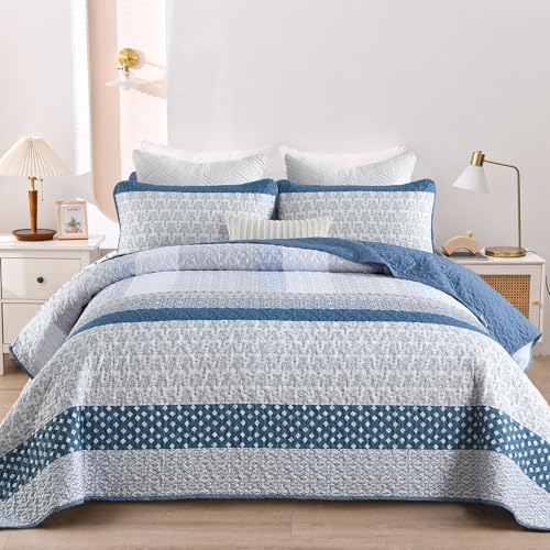 WONGS BEDDING Blue Quilt King Size,3 Pieces Boho Striped Bedspreads