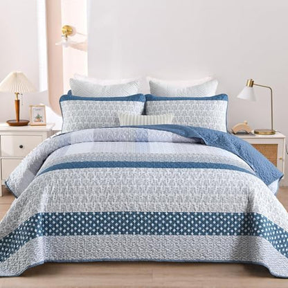 WONGS BEDDING Blue Quilt King Size,3 Pieces Boho Striped Bedspreads