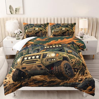 AILONEN Full Comforter Set 3 Piece, Forest Trail Utility Truck Sunset Artwork, Smooth Microfiber Down Alternative Quilt with 2 Pillowcases for Rustic Guest Room