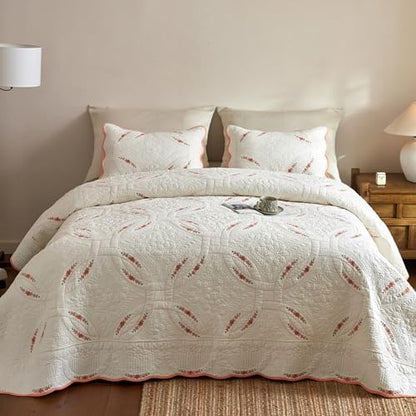 MarCielo 3Pcs Cotton French Country Quilt Bedspread Set Floral Embroidery TC151