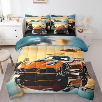 Feelyou Speed Sports Car Comforter Set with Sheets Full Size Kids Race Car 7 Pieces Bedding Set for Boys Girls Teens Racing Car Bed in a Bag Breathable Extreme Sports Bed Set Automobile