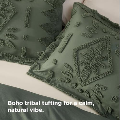 Bedsure Boho Duvet Cover Queen, Vintage Tufted Bedding,3-Piece, Olive Green