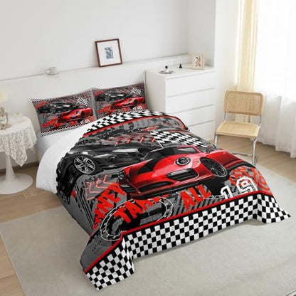 Castle Fairy Red Sports Car Children Comforter Set,Race Cars Bedding Set for Kids Boys,Adults Soft Extreme Sports Game Comforter,Teens Racing Theme Quilted Duvet Set Bedroom Collection King Size 3Pcs