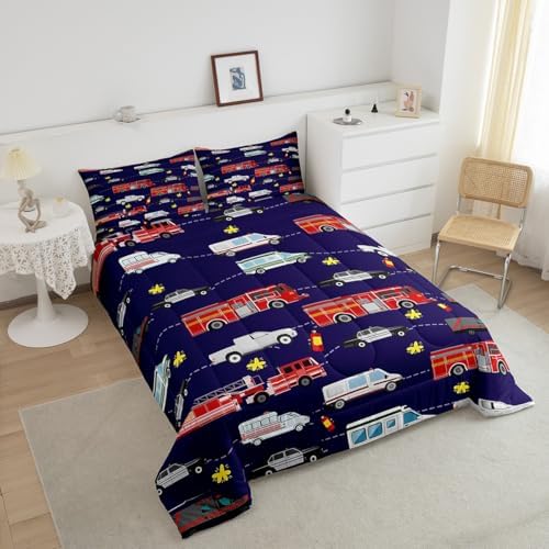 Feelyou Fire Truck Bedding Bed Set Police Car Comforter Set for Kids Boys Girls Teens Youth Decor Engine Ambulance Cute Comforter Emergency Vehicle Blue Soft Quilt Set Room 2Pcs Twin Size