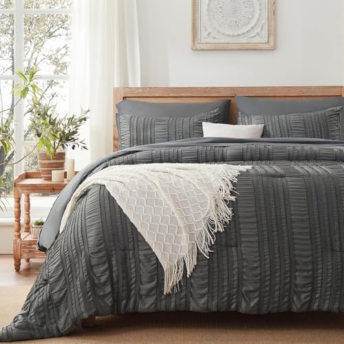 DHSFKBE Dark Grey Tufted Textured Comforter Set King Size, 7 Piece Bed in a Bag，Shabby Chic Boho Bedding for Bedroom Comforter，All Season Soft Microfiber Ruffle Comforter Set with Pillow and Sheets