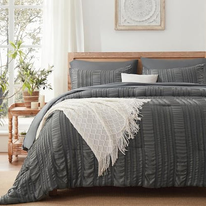 DHSFKBE Dark Grey Tufted Textured Comforter Set King Size, 7 Piece Bed in a Bag，Shabby Chic Boho Bedding for Bedroom Comforter，All Season Soft Microfiber Ruffle Comforter Set with Pillow and Sheets