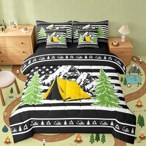 Erosebridal Camper Decor 7 Pcs Bedding Set Happy Camping Boys Bed in A Bag Rustic Farmhouse Comforter Set with Sheets King Size for Kids Teens Adult Room Bonfire Rv Travel Trailer Bed Sets, Black