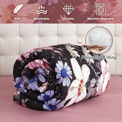 Luxudecor King Comforter Set 7 Pieces Bedding Sets,Black Pink Floral Comforter and Sheet Set,Soft Microfiber Bed in a Bag for All Seasons (Black Pink,104"x90")