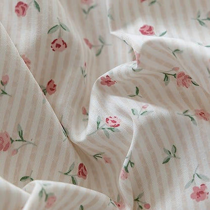 Cotton Floral Duvet Cover Full Size Pink Rose Flower Comforter Cover Chic Floral Stripes Bedding Set Girls Women Cottagecore Duvet Cover with 2 Bowknot Pillowcases Vintage Flower Bedding Set Full