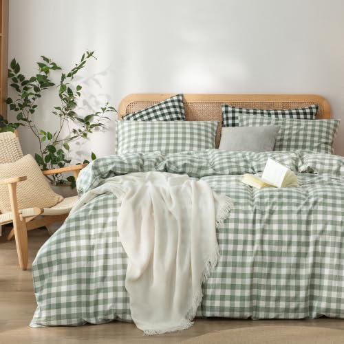 BESTOUCH Gingham Cotton Duvet Cover Set Sage Green Twin
