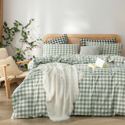 BESTOUCH Gingham Cotton Duvet Cover Set Sage Green Twin