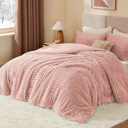 BEDELITE Fleece Oversized Queen Comforter Set, Fluffy Bed Set, Dusty Pink