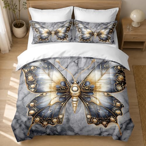 CCoutueChen Kids Butterfly Comforter Twin Size, Grey Marble Bedding Set, 2 Pcs Marble Texture Artistic Warm Microfiber Bed Set with 1 Pillowcase, 68"x86"
